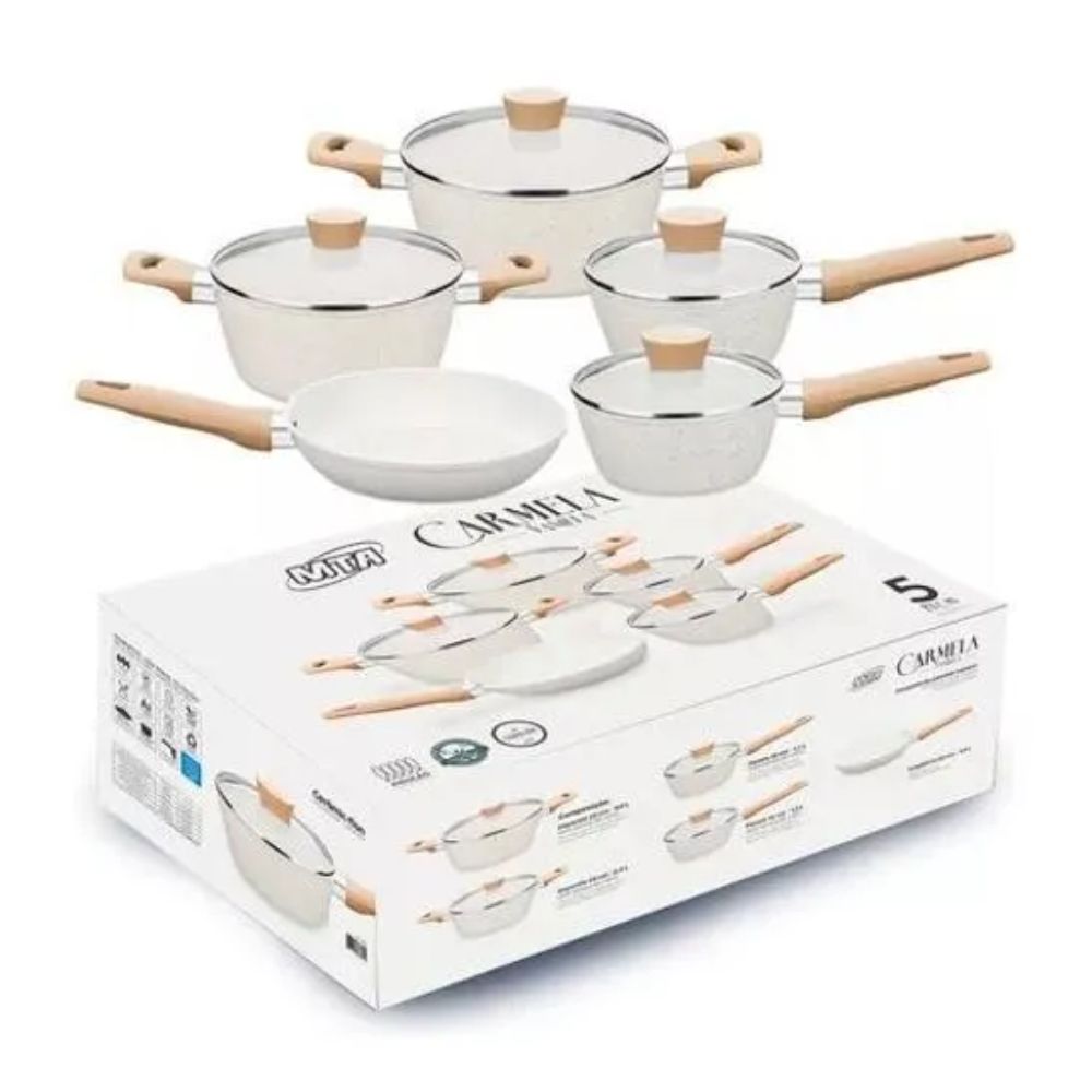 Conjunto de panelas Carmela Vanilla 5 peças aluminio com revestimento ceramica MTA