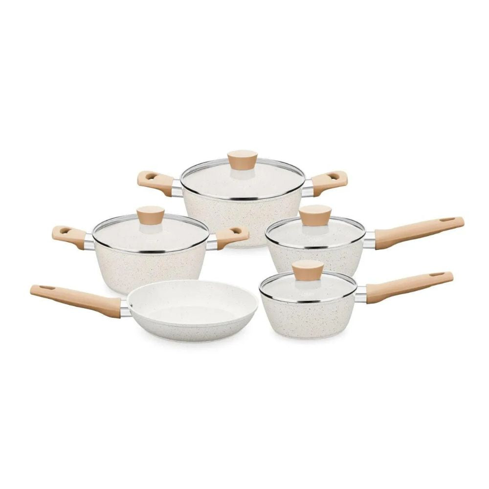 Conjunto de panelas Carmela Vanilla 5 peças aluminio com revestimento ceramica MTA