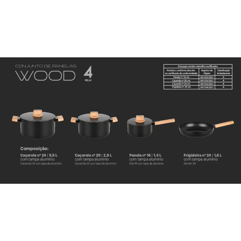 Conjunto de Panelas Indução Wood aluminio forjado 4 peças MTA Concept