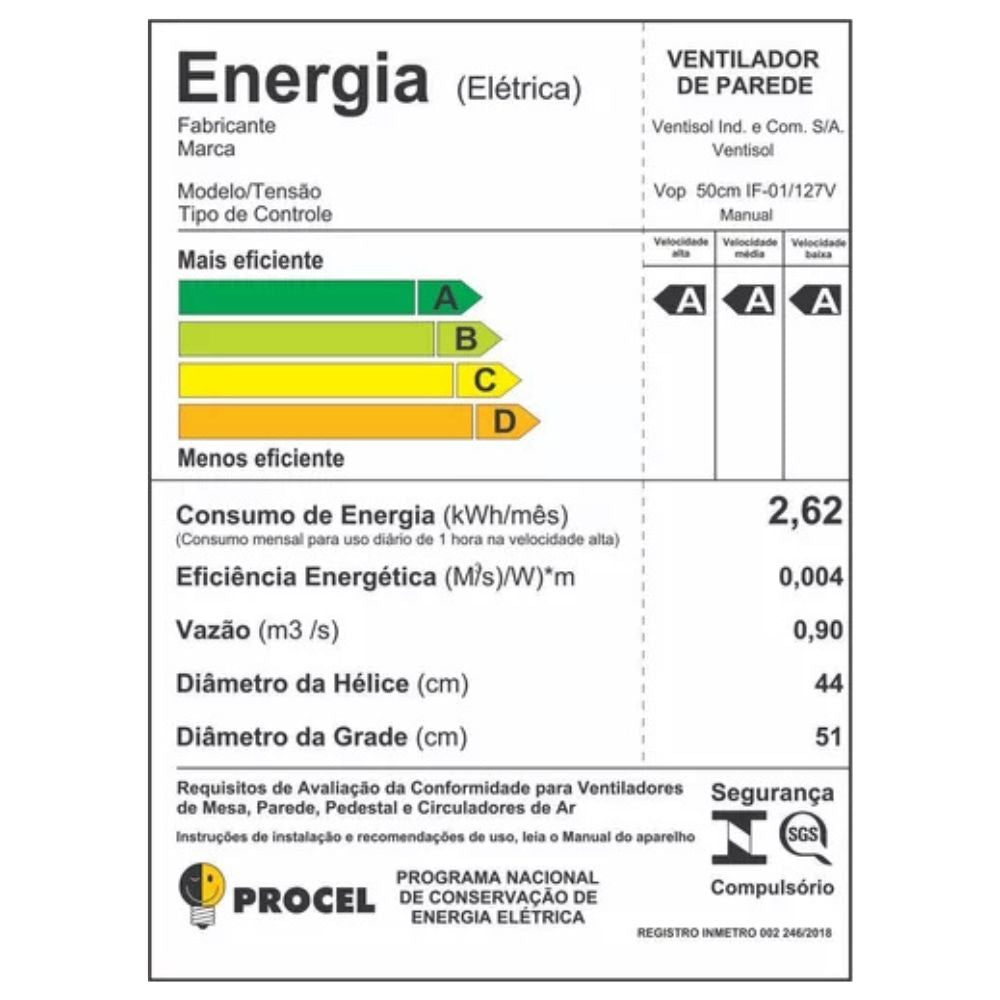 Ventilador de Parede Oscilante Monta Fácil Ventisol 50cm 6 pas cor: preto