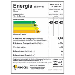 Ventilador de Parede Oscilante Monta Fácil Ventisol 50cm 6 pas cor: preto