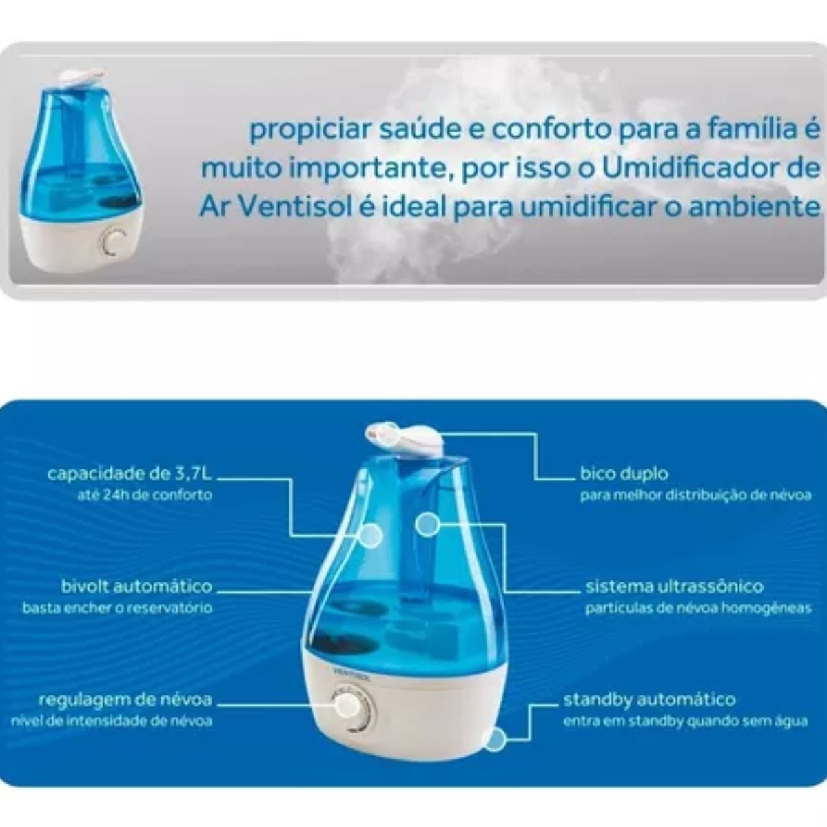 Umidificador Ar Doméstico Ventisol Mod U04 3,7 Litros Bivolt